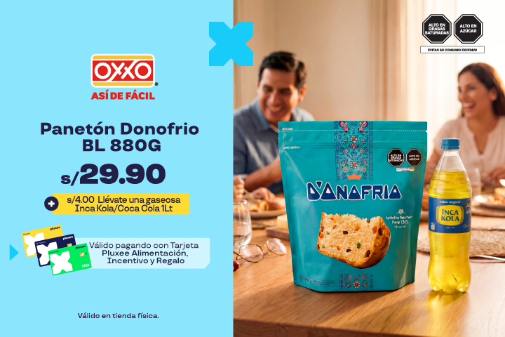 PANETÓN DONOFRIO BL 880G A S/29.90 + S/4.00 LLÉVATE UNA GASEOSA INCA KOLA/COCA COLA 1LT